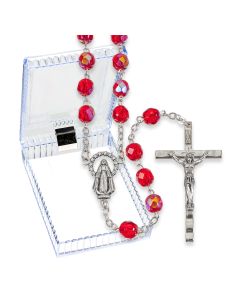 Ruby Crystal Aurora Borealis Bead Rosary, Boxed