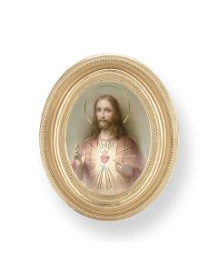 3 1/2" x 4 1/2" Gold Oval Frame with a Sacred Heart Print-P65