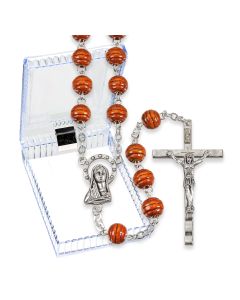 Brown Carved Wood Bead Rosary, Boxed