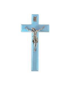 7" Blue Wood Crucifix with Genuine Fine Pewter Corpus