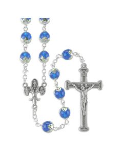 Tulip Capped Sapphire Glass Bead Rosary, Boxed