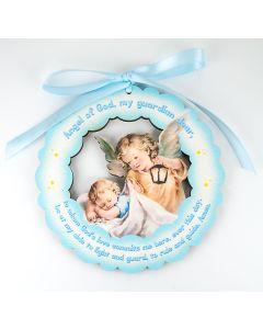 Guardian Angel with Lantern on Blue Cloud Hanging Crib Medal in Organza Bag
