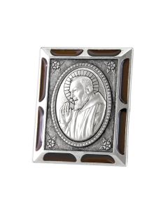 Padre Pio Antiqued Silver Metal Plaque with Brown Accents