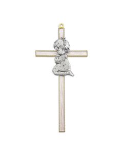 7" White Epoxied and Gold Finish Cross with Genuine Pewter Praying Baby Girl-P65