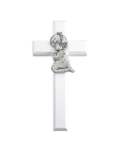 7" White Wood Cross with Praying Girl Pewter Figure