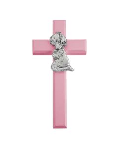 7" Pink Wood Cross with Praying Girl Pewter Figure