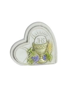 1 3/4" Communion Resin Heart with Gold Painted Chalice, Wheat and Grapes. Easel Back