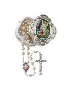 4mm White Pearlized Bead Rosary with Picture Center and Fancy Crucifix in Metal Keepsake Box