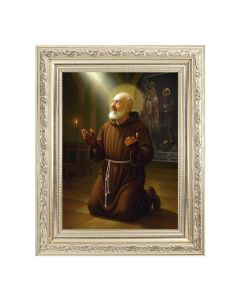8 1/4" x 10 1/4" Silver Ornate Frame with a 6" x 8" Saint Pio at Prayer Print