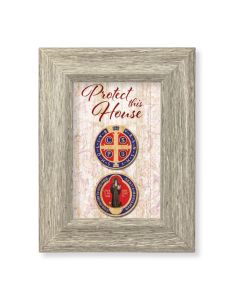 6 1/2" x 8 1/2" Grey Weathered Frame with Saint Benedict - Home Blessing Artwork on Wood Plaque