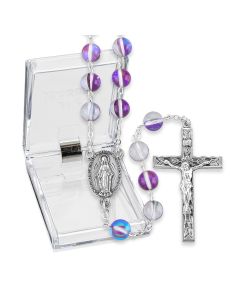 8mm Round Amethyst Cat's Eye Bead Rosary, Boxed
