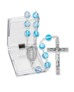 8mm Round Aqua Cat's Eye Bead Rosary, Boxed