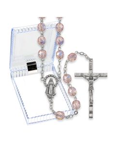 Pink Crystal Aurora Borealis Bead Rosary, Boxed