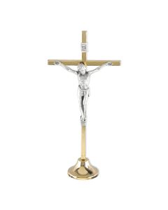 5" Brass Standing Gold Finished Crucifix with Silver Oxidized Corpus