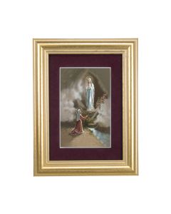 5 1/4" x 6 3/4" Gold Leaf Frame-Burgundy Matte with a 2 1/2" x 3 3/4" Our Lady of Lourdes Print
