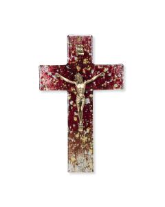 7" Gold and Silver Speckled Red Tone Glass Cross with Museum Gold Finish Corpus-P65