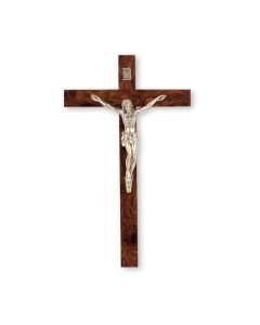 10" Burl Wood Crucifix with Metal Antiqued Silver Corpus