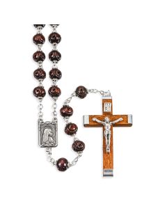 Maroon Carved Wood Bead Rosary