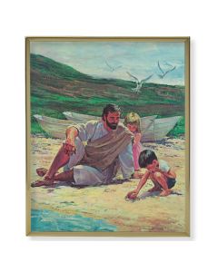 11" x 14" Gold Plaque Frame with a Hook: Jesus on the Beach with Children Print