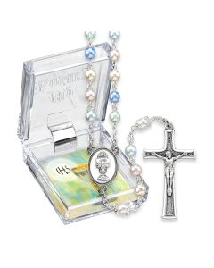 5mm Multicolor Pearlized Glass Bead Rosary with Chalice Centerpiece and Italian Crucifix, Boxed