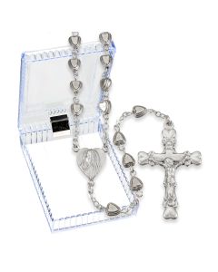 Silver Finished Heart Shaped Bead Rosary, Boxed