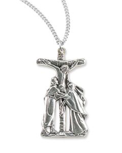 1 1/2" Silver Oxidized Crucifixion with John and Mary on 24" Chain, Boxed