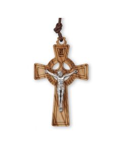 1 1/2" Olive Wood Celtic Cross with a Silver Oxidized Corpus