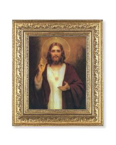 12 1/2" x 14 1/2" Ornate Gold Leaf Antique Frame with 8" x 10" Sacred Heart Print