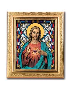 8 1/4" x 10 1/4" Gold Ornate Frame with a 6" x 8" Sacred Heart Jesus Textured Glass Artwork
