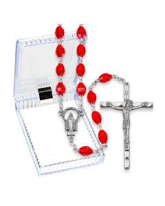 Ruby Clear Oval Plastic Bead Rosary, Boxed