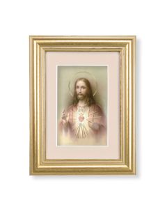 5 1/4" x 6 3/4" Gold Leaf Frame-Cream Matte with a 2 1/2" x 3 3/4" Sacred Heart of Jesus Print