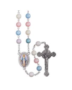 7mm Multi-Colored Madre Perla Frosted beads Rosary with Colored Miraculous Medal Ctr and Crucifix in Gray Velvet Box