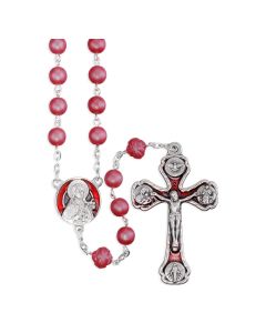 7mm Madre Perla Frosted Rose Beads with 8mm Rosebud Our Father Beads, St. Therese Ctr  and Crucifix (both with Matching Epoxy) in Grey Velvet Box