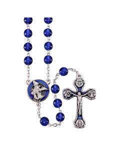 7mm Navy Blue Round Glass Czech Bead Rosary with St. Michael Ctr and Crucifix in Gray Velvet Box