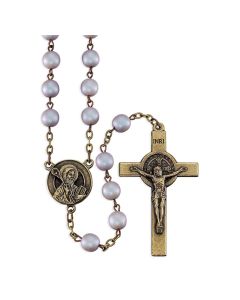 7mm Madre Perla Frosted Czech Beads Rosary with Bronze Finish Our Father Beads and St. Benedict Center with Matching Epoxy and Bronze Crucifix in Grey Velvet Box