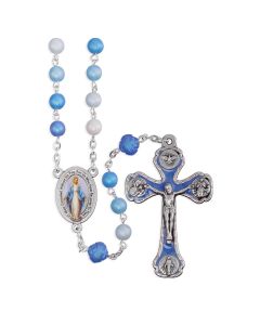 6mm Madre Perla Frosted (Multiple Blues) with 8mm Rosebud Our Father Beads, Mir Medal Ctr. and Crucifix with Matching Epoxy in Gray Velvet Box