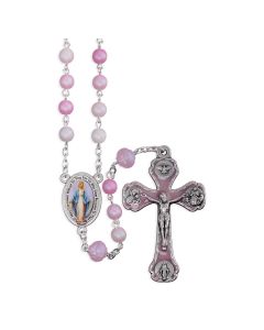 6mm Madre Perla Frosted (Multiple Pinks) with 8mm Rosebud Our Father Beads, Mir Medal Ctr and Crucifix in Gray Velvet Box