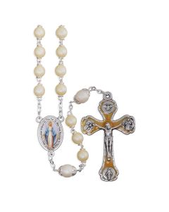 7mm Madre Perla Frosted Yellow Lock Link Beads with 8mm Madre Perla Double Capped Our Father Beads, Colored Miraculous Centerpiece and Crucifix with Matching Epoxy in Grey Velvet Box 