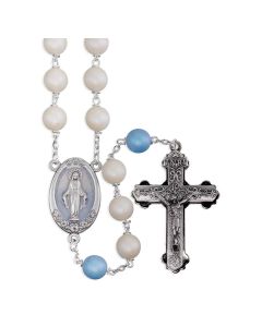 10mm Madre Perla Frosted White Lock Linked Beads with 10mm Madre Perla Our Father Beads and Mirac. Med Ctr (with Matching Epoxy) and Silver Oxidized Crucifix in Grey Velvet Box