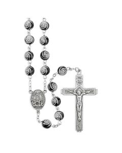 8mm Black and Silver Swirl Resin Bead Rosary with O.L. of Fatima Centerpiece and Crucifix, Boxed