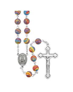 8mm Multi Color Spiral Dyed Stone Bead Rosary with O.L. of Fatima Centerpiece and Crucifix
