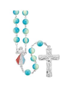8mm Two-Tone Aqua Dyed Stone Bead Rosary with Divine Mercy Center and Trinity Crucifix