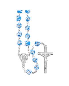 7mm Blue & White Rosebuds with Crystal Stones Bead Rosary, Boxed