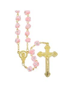 7mm Pink & White Rosebuds with Crystal Stones Bead Gold Plated Rosary, Boxed