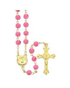 5mm Pink Spotted Glass Bead Gold Plated Rosary, Boxed