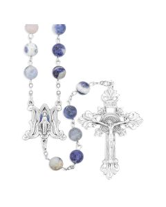 8mm Spotted Blue Dyed Stone Bead Rosary with Ave Maria Center and Crucifix, Boxed