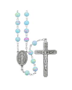 6mm Aqua Glass Beads with Pastel Multi Colored Swirls Rosary, Boxed