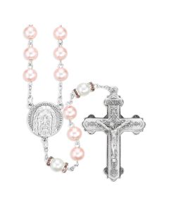 8mm Pink Glass Bead with Rhinestone Capped Our Father Bead Rosary, Boxed