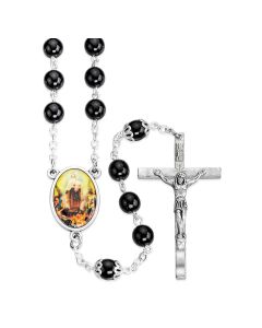 100 Requiem Rosary Black Czech Glass Beads and Photo Centerpiece, Boxed