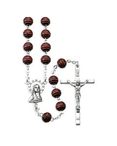 Maroon Carved Wood Bead Rosary